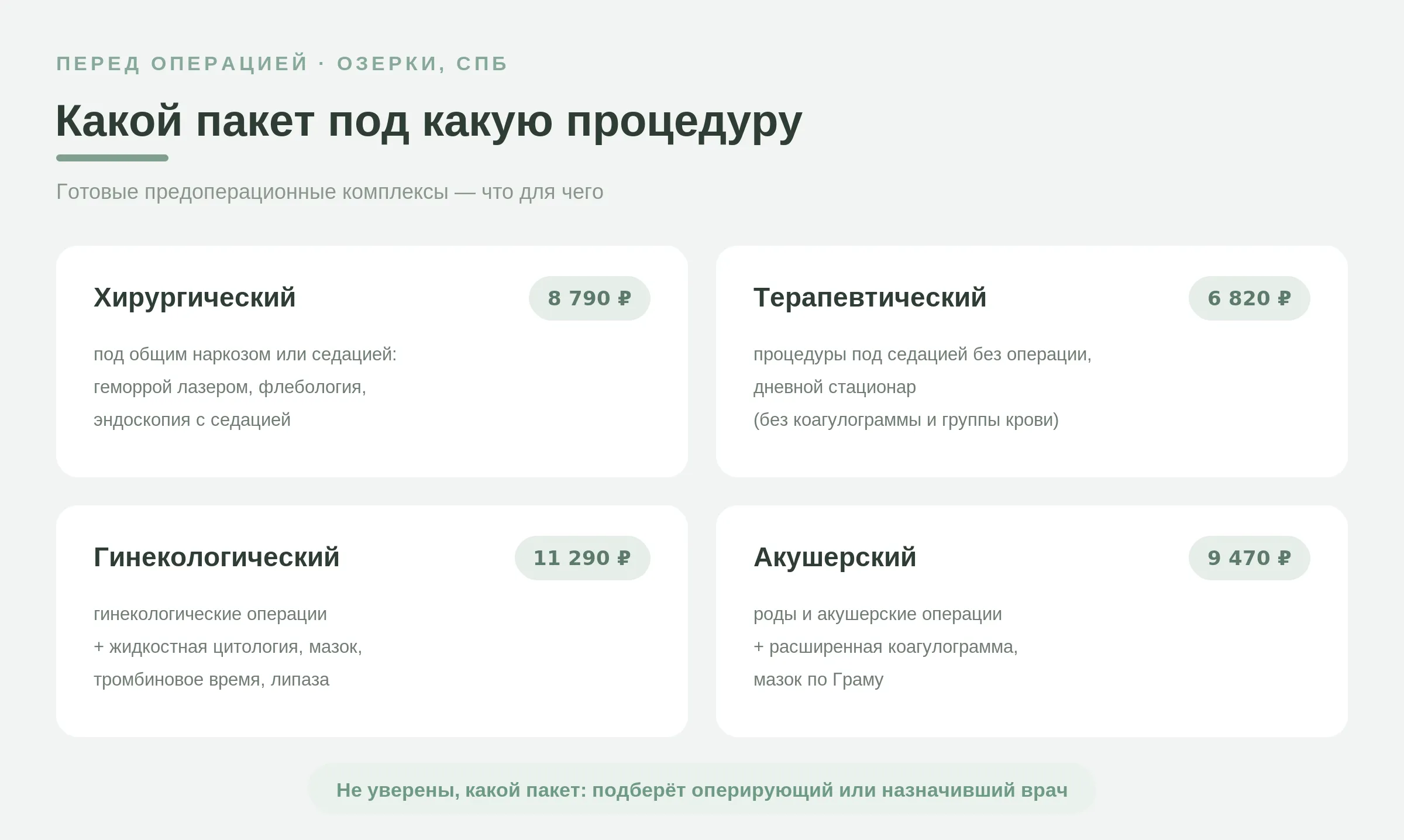 Предоперационные комплексы в клинике Листва: хирургический стационар – 8 790 ₽ (операции под общей анестезией и седацией), терапевтический стационар – 6 820 ₽ (нехирургические манипуляции под седацией, без коагулограммы и группы крови), гинекологическое отделение – 11 290 ₽ (расширенный пакет для гинекологических операций), акушерское отделение – 9 470 ₽ (роды и акушерские операции)